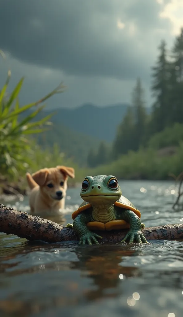 "A brilliant 3D Pixar-style scene of the small turtle using its tiny flippers to push fallen branches together in the river, forming a makeshift raft. The turtle’s face shows determination as it works against the current. In the background, the puppy conti...