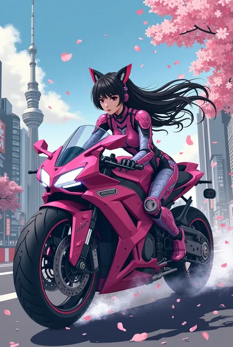 Can make Image Vector Art 2D version of anime cyborg Japanese women riding high -powered motorcycles, long black hair, robot ears, black eyes, goggle cyber punk, pink and purple bodies slightly white and black, on the road, tokyo city, Tokyo tower, Sakura ...