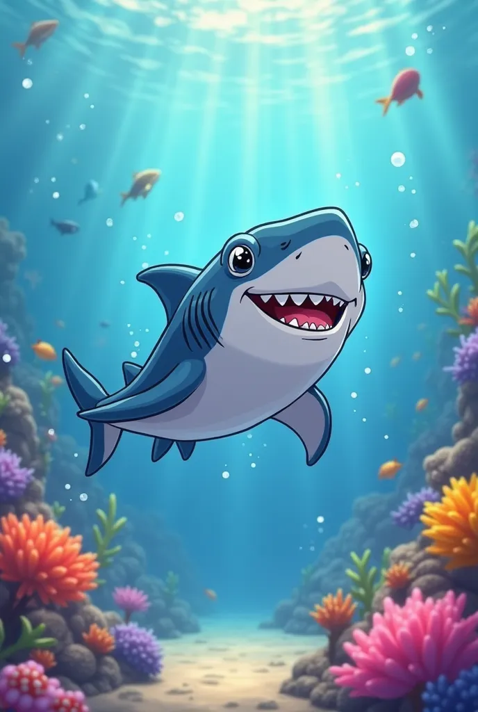 kind epic adult cute shark swims in disney cartoon style