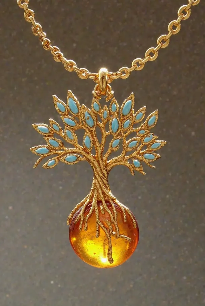 An elegant necklace with a central pendant in the shape of a ceiba, the sacred Taíno tree, whose roots and branches are intertwined in an artistic filigree design in gold or silver. The trunk of the tree is made of translucent Dominican amber, in warm shad...