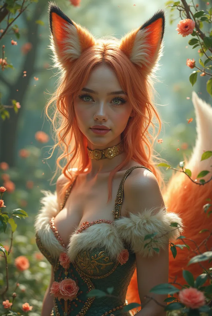 a 21 year old girl, dressed as cosplay ,wearing the ears and tail of a fox,in an enchanted forest,surrounded by flowers and animals from nature,happy expression blouse, penetrating look,4K,high definition,photorealistic,oil painting,Studio lighting,vivid c...