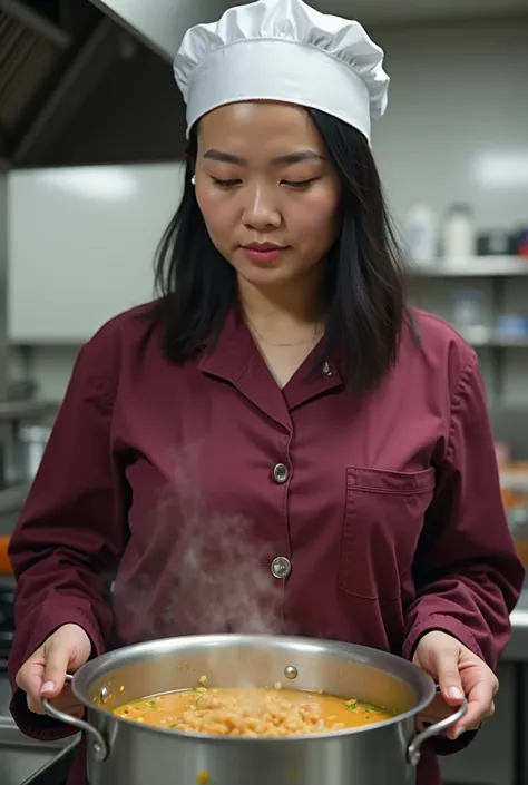  An Asian woman with fair skin , medium height and slightly plump body, wearing a burgundy lab coat and white cap. She works in an industrial kitchen, holding a large pot focused on preparing a dish. Her straight black hair is hidden under the cap, but som...