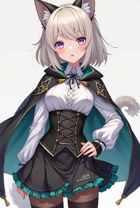 She is a neko girl who is beautiful but also intelligent, powerful. She wears A white blouse with puffed sleeves and black cuffs with intricate detailing, layered under a fitted black corset-style vest, also A small, structured cape with teal lining. A sho...