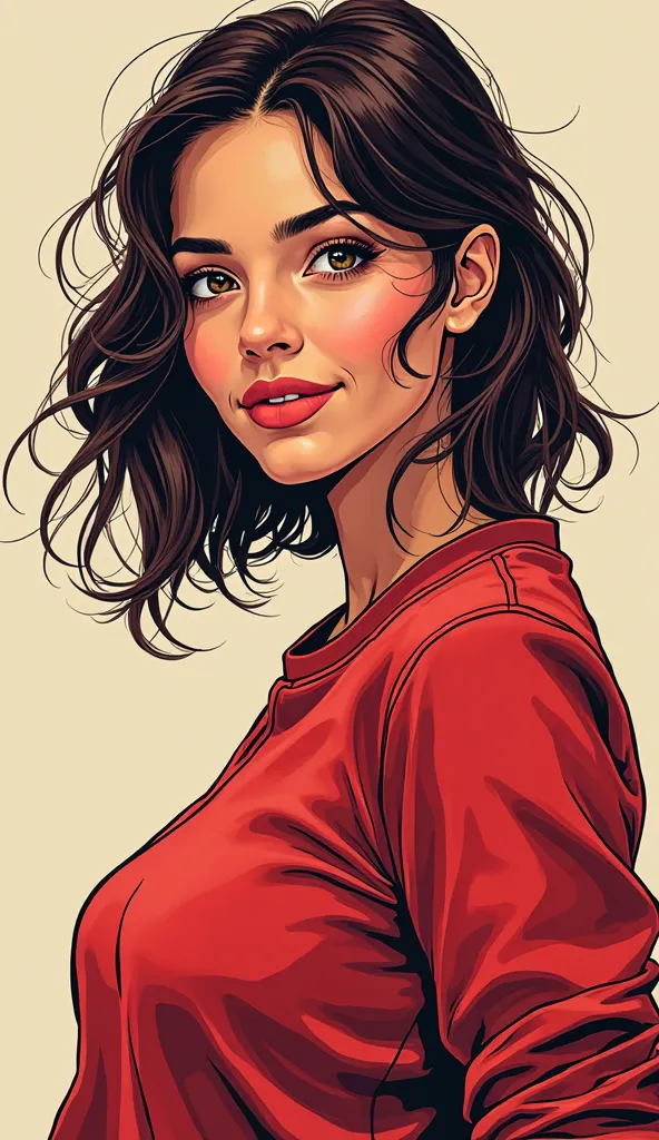 DISCREET image. with discreet casual clothes. image adult woman, american, JUST comic book style. with a justdiscreet smile. IMAGES WITH VIBRANT COLORS. half body. red color