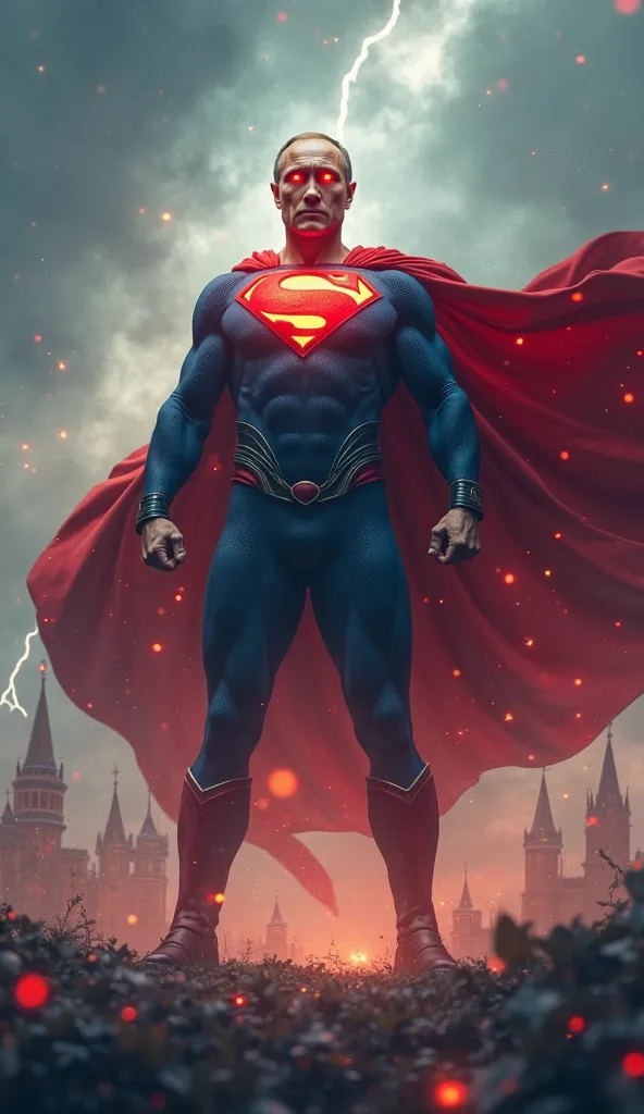 Create a striking and dramatic digital illustration of Vladimir Putin reimagined as a hybrid Superman. He should have a massive, muscular, and imposing physique, exuding power and strength. His eyes should glow an intense, fiery red, symbolizing his domina...