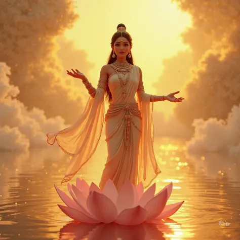 a breathtaking pixar 3d-style final scene of radha rani standing on a lotus, floating in a celestial sea of golden light, she extends her hands in a serene gesture, detailed facial features, elegant expression, detailed ornate jewelry, flowing divine robes...