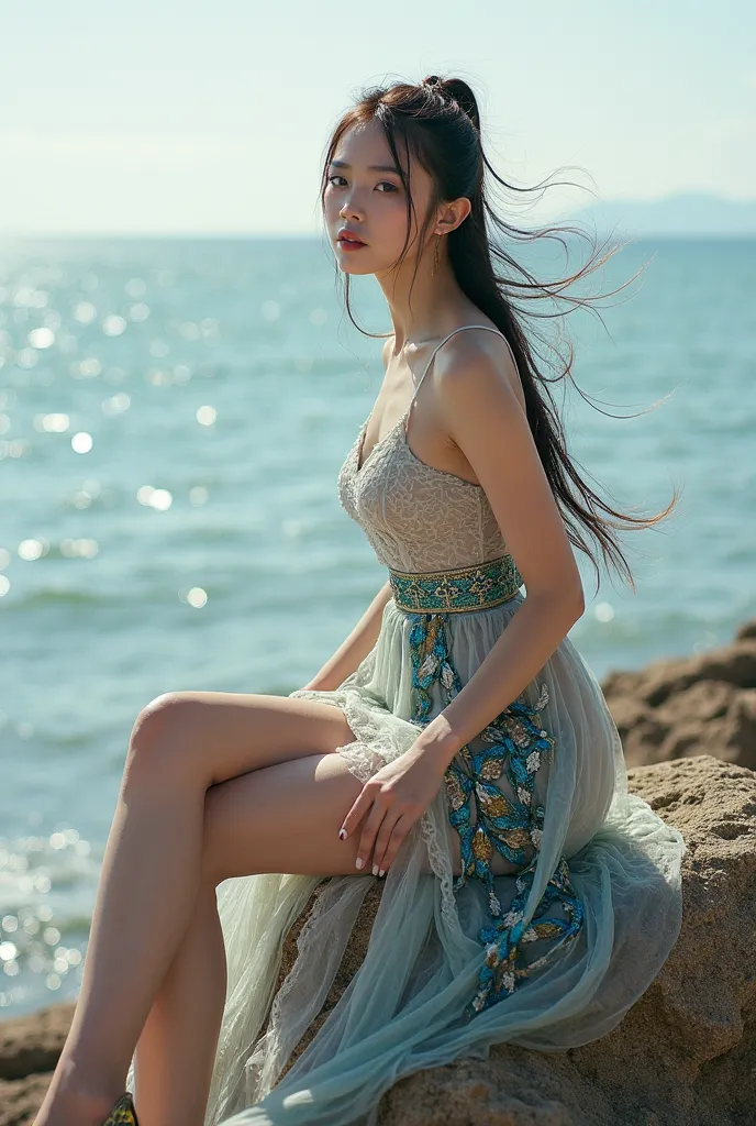 xiaobai,nq,1girl,sfw,Close-up shooting,Kodak camera,rich details,1 woman,condole belt Chinese clothing,transparent material,cyberwear,peacock feather dress,lace stockings,dragon scale decoration,high_heels,on the seaside boulder,looking at the audience,sit...