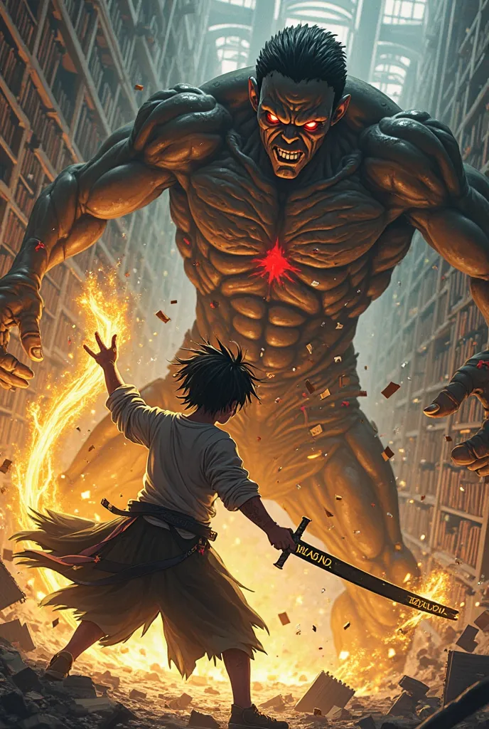 
"A powerful anime-style battle scene inside a destroyed library. A young black warrior with short dreadlocks and a fierce expression is creating a katana from golden energy.  His body is wounded , with blood on his face and torn clothes. The newly formed ...