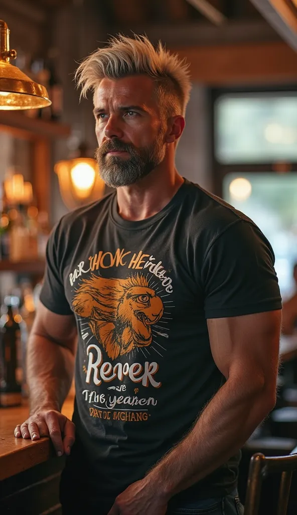 Here is a detailed image description based on your description:  

A strong man stands at the bar, his weight rests relaxed on one leg. He wears an eye-catching nerd shirt with a geek motif or humorous saying, that underlines his character. His dark blond ...