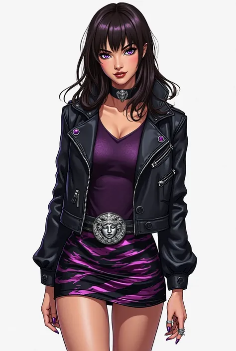 Dot is a 25-year-old Italian woman, high , Athletic and curvaceous .- Medium beige skin.dark brown hair, straight and long to the waist.- Intense and captivating violet eyes. Her casual attire includes an oversized black leather jacket with violet reflecti...