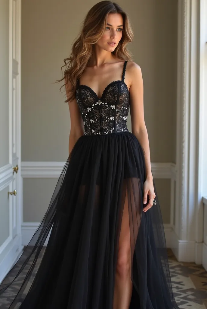 Your graduation dress has a charming and unique design! It is made with a delicate tulle, that provides an ethereal and light look, perfect for the occasion . The predominant color of the dress is black, which provides elegance and sophistication.. The hig...