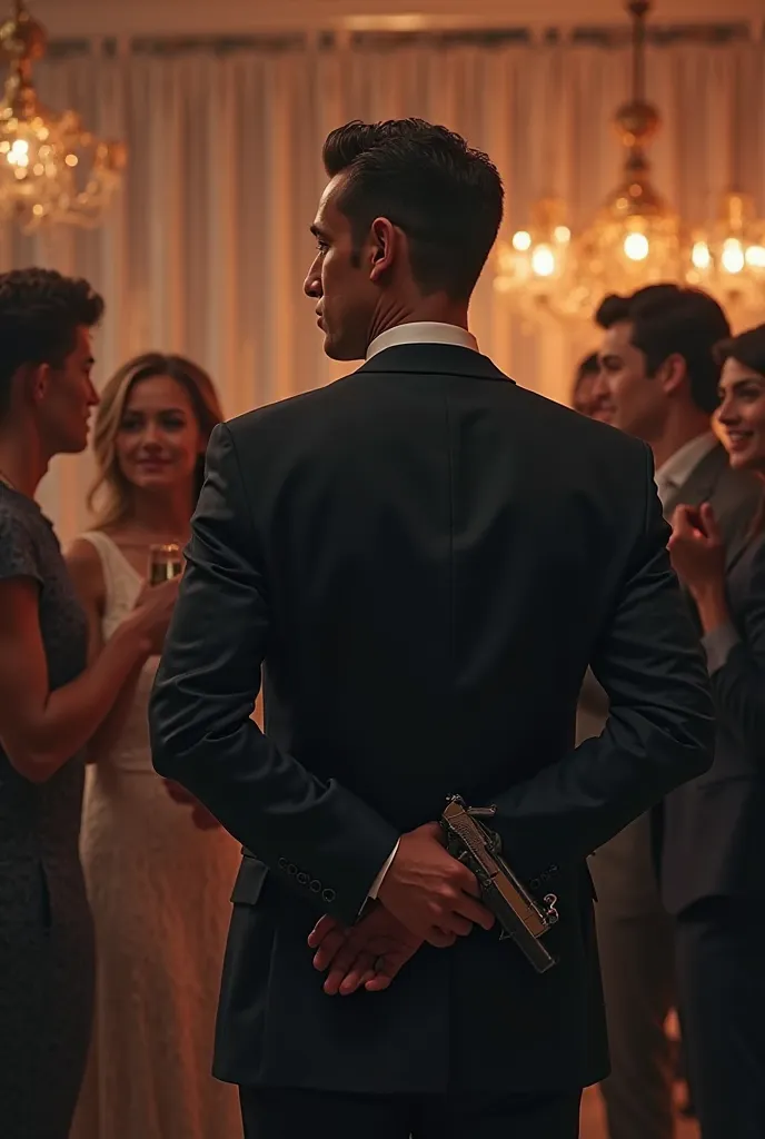 A man hiding his gun behind his back at a party with young people and a woman across from him