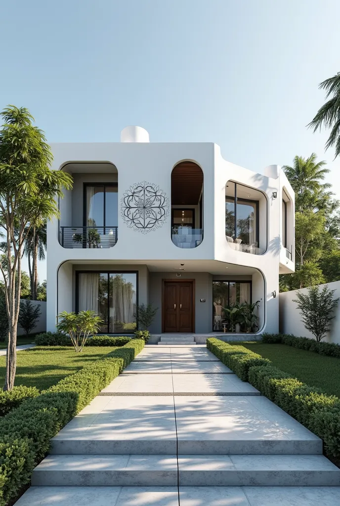 Futuristic , mansor 6 piece    ,use white and grey paint on  facades. The design includes  decorative printed oriental  design  , and , enhanced by green landscaping . The entrance is marked by a stylish  pathway, leading to a well-maintained garden area. ...