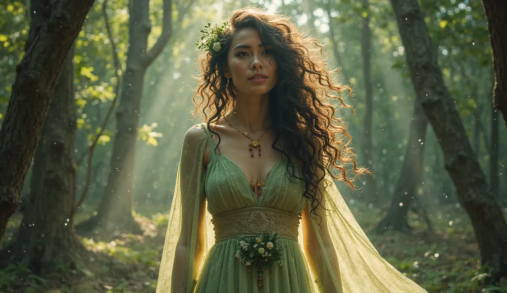 hot looking big boobs open Enchantress of the Woods: A mysterious enchantress with deep green eyes and wild, curly hair adorned with flowers. She wears a translucent gown, revealing her figure as she dances among the trees, surrounded by ethereal lights.