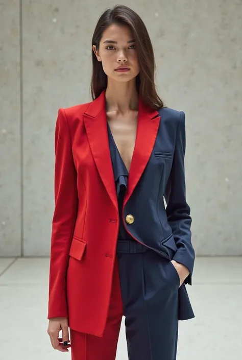 Create a jacket and a jumpsuit that combines well a modern design in these colors red, white and blue. 