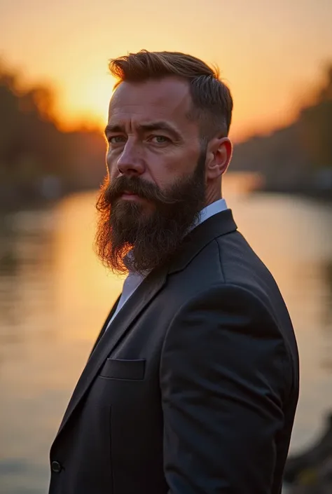 Prompt: a portrait of a 40 year old bearded man with short, brown hair and an overall suit, standing in front of a river, golden hour, soft color --ar 3:2 --style raw