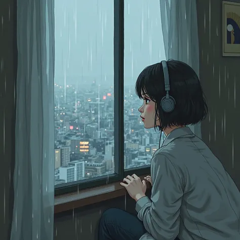  create a scene where a 25-year-old woman is looking out the window,  headphones, Quiet and calm environment,  black short hair,  view from behind , Gazing at the Horizon, It's raining outside , Characters with detailed faces, hands and hair, illustration ...