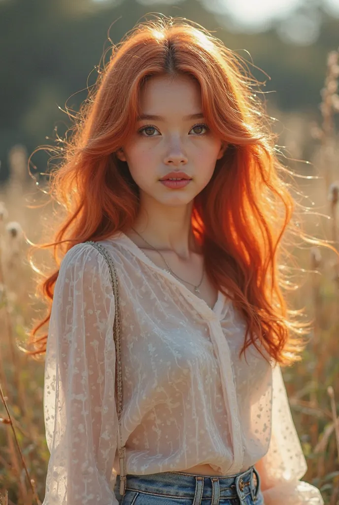 The girl in the photo when she was young. in a transparent blouse and shorts. long red hair 