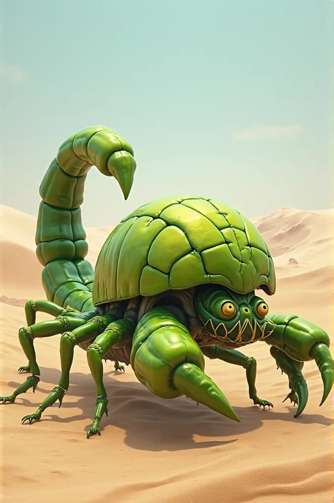 A half scorpion half ladybug animal with amade out of green chilli it's on the desert area 