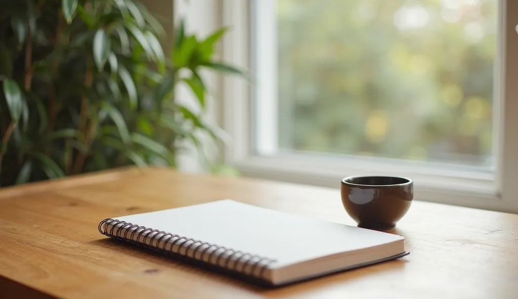 A serene Japanese-inspired workspace with a simple wooden desk, a single notebook, a ceramic tea cup, and soft natural lighting. The atmosphere is calm and organized, symbolizing clarity and intentional financial habits.