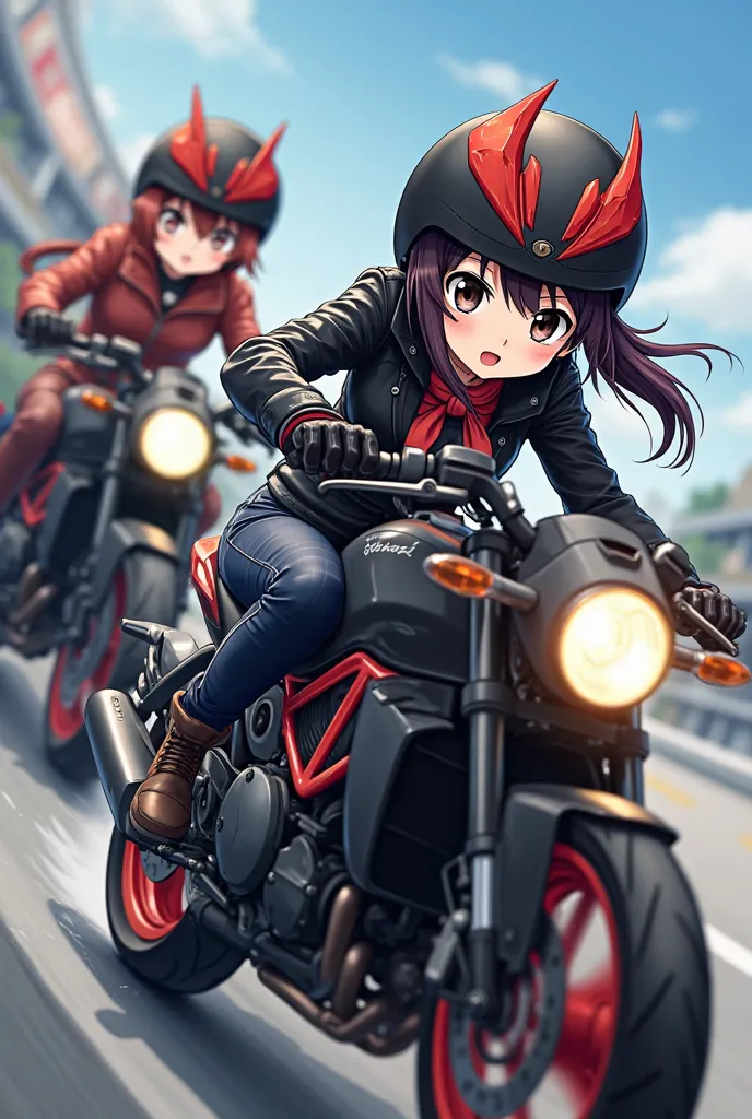 Anime motorcycle girls black helmet with red big tails design on the helmet 