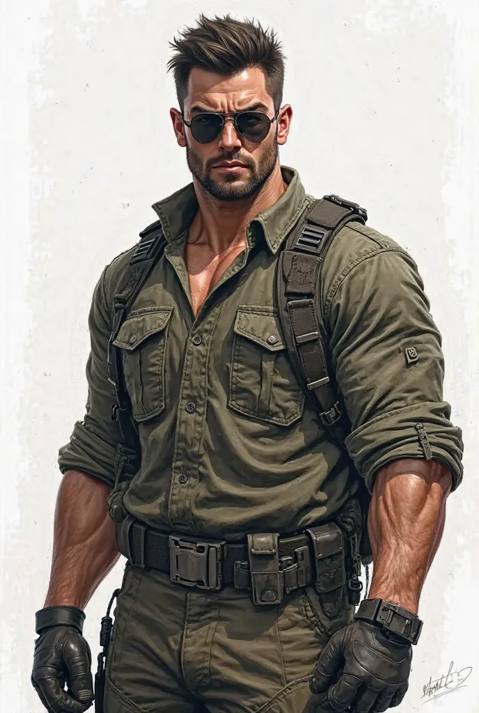  realistic drawing, Tall boy,  short beard,  black hair with military cut, black eyes, He wears a weapon , wear sunglasses