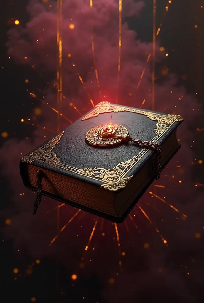 A fine old book made of absolute black leather (#121212) with metallic gold reliefs (#FFD700), closed with a glowing mystical lock, floating in a dark and enigmatic atmosphere. Hidden symbols in wine red (#8B0000) and lines of golden energy surround the bo...