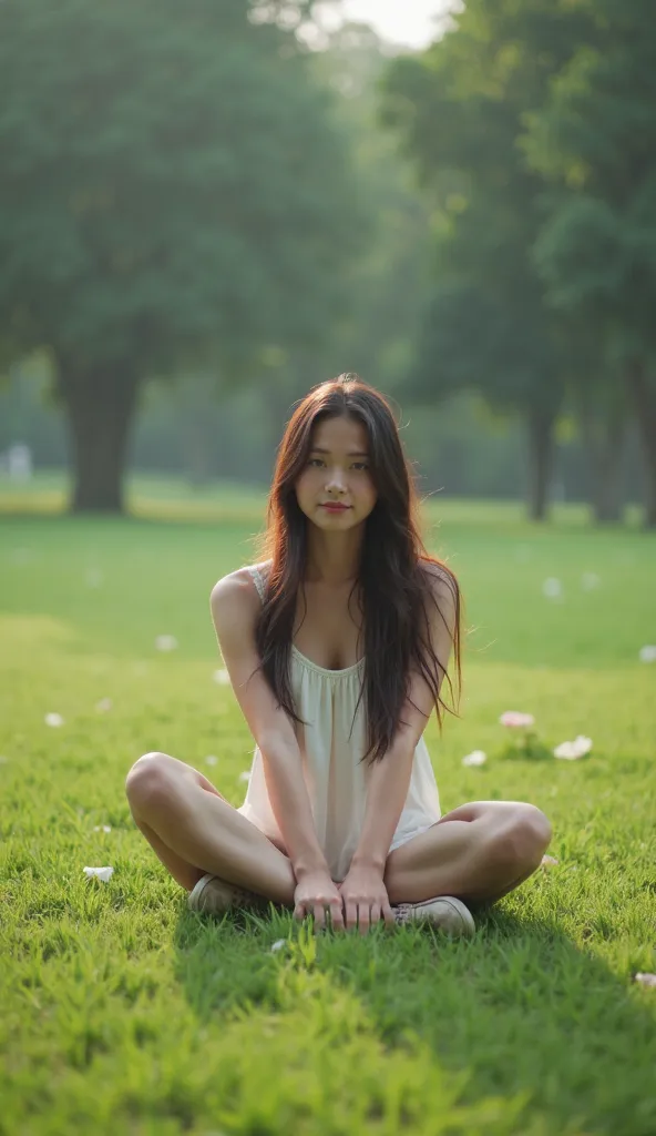 woman sitting on the grass with her legs crossed, in a grassy field, in the grass, in the park, at the park, stretching her legs on the grass, at a park, very very low quality picture, exposed thighs!!!, with a park in the background, sitting in a field, l...