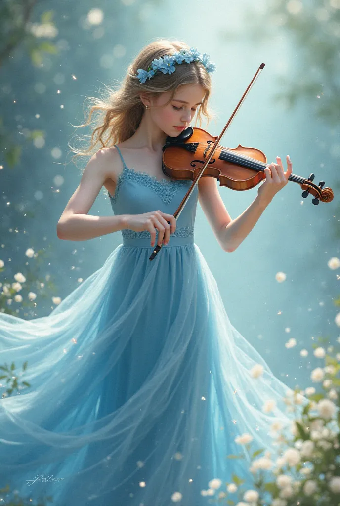 Create a girl in a blue dress playing the violin