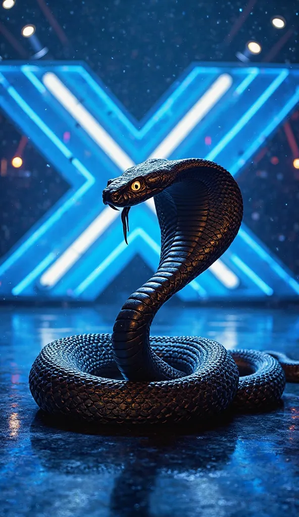 A massive, hyper-realistic king cobra coils at the center of the America’s Got Talent stage, illuminated by the glowing blue X-shaped lights in the background. Its thick, muscular body stretches across the stage, its dark, glossy scales reflecting the brig...