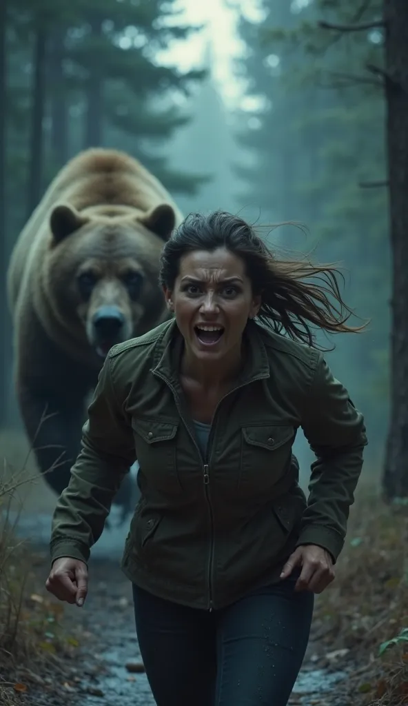  Ultra-realistic cinematic shot, a terrified woman runs toward the camera, sweat on her face, wild eyes filled with fear. Further behind her, a massive grizzly bear is in pursuit, slightly out of focus, its powerful frame moving through the dark forest. Co...