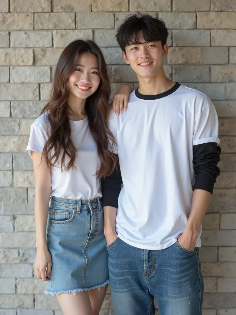 a beautiful young korean woman with long dark brown hair, nasolabial, pipi tembem, round-eyed , Dimpled, wear a white t-shirt and a black shirt, short jeans skirt ,  white shoes, and a young handsome korean guy, bernasolabial, round-eyed , Dimpled,  short ...