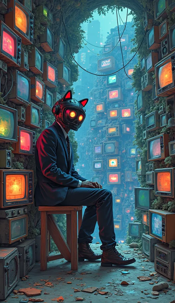 Man in a cathode-ray tube TV suit with maneki-headed、 cathode-ray tube television head with a cable wrapped around it、 a pile of videotapes piled up high 、Sitting on、A man in a suit on a 、Multiple cathode-ray tube television heads with neon coloring in cyb...