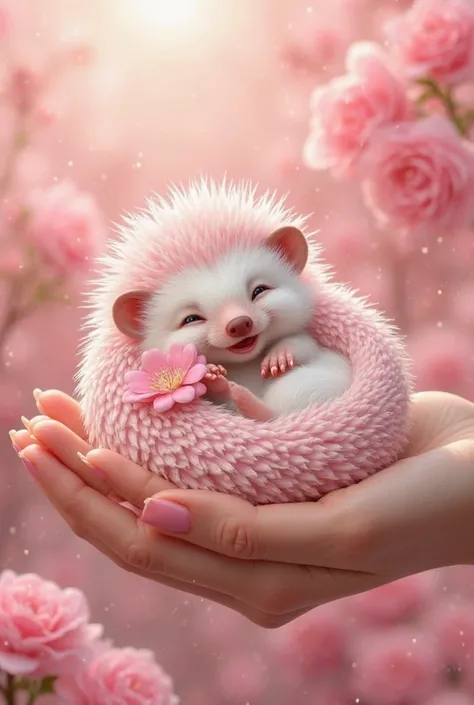 
“A charming pink and white hedgehog curled up in a gentle hand, holding a delicate pink flower. Its soft fur and spiky quills blend seamlessly with the romantic background of blooming pink roses. The hedgehog has a joyful expression, its mouth open as if ...