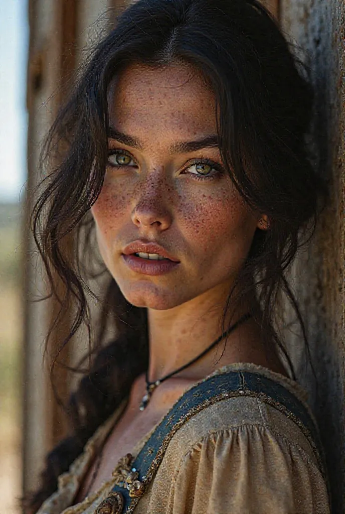 absurdly realistic image of a 30-year-old girl,  western, dark hair, dark eyes, white skin with freckles. Realistic image and textured skin