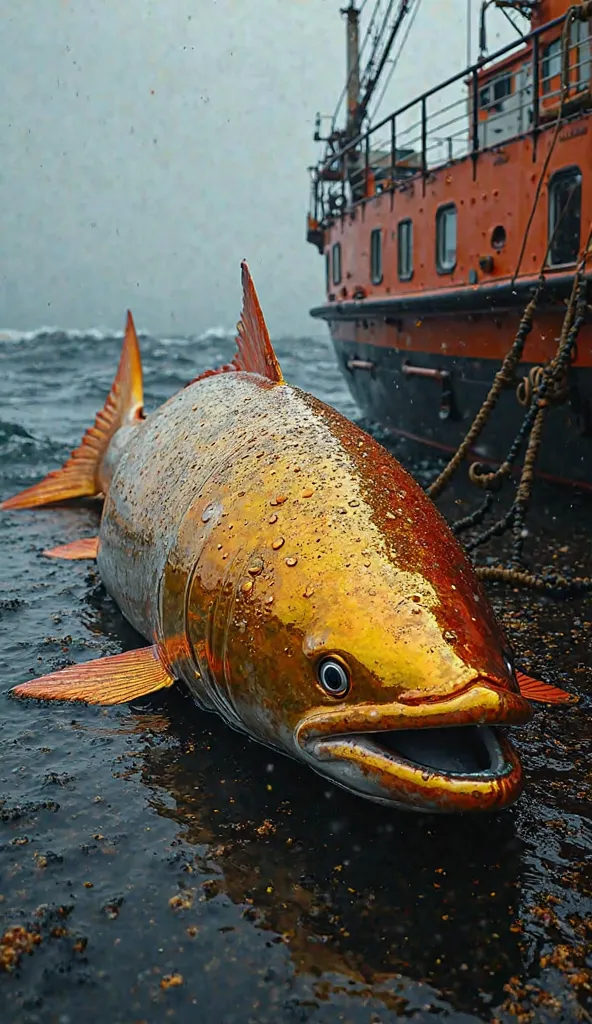 making the salmon's radiant presence even more impressive and Surr,   its immense size dominating the scene and diminishing the fishermen standing nearby  . The shimmering scales of the salmon, like polished gold, reflected dazzling tones that captured eve...