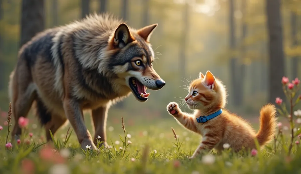 photorealistic quality. In a forest clearing, a ginger kitten with a blue collar was scared by a formidable wolf. An evil growling wolf raises his paw and slowly moves towards the kitten with a threatening look. The kitten feels danger, his eyes are full o...