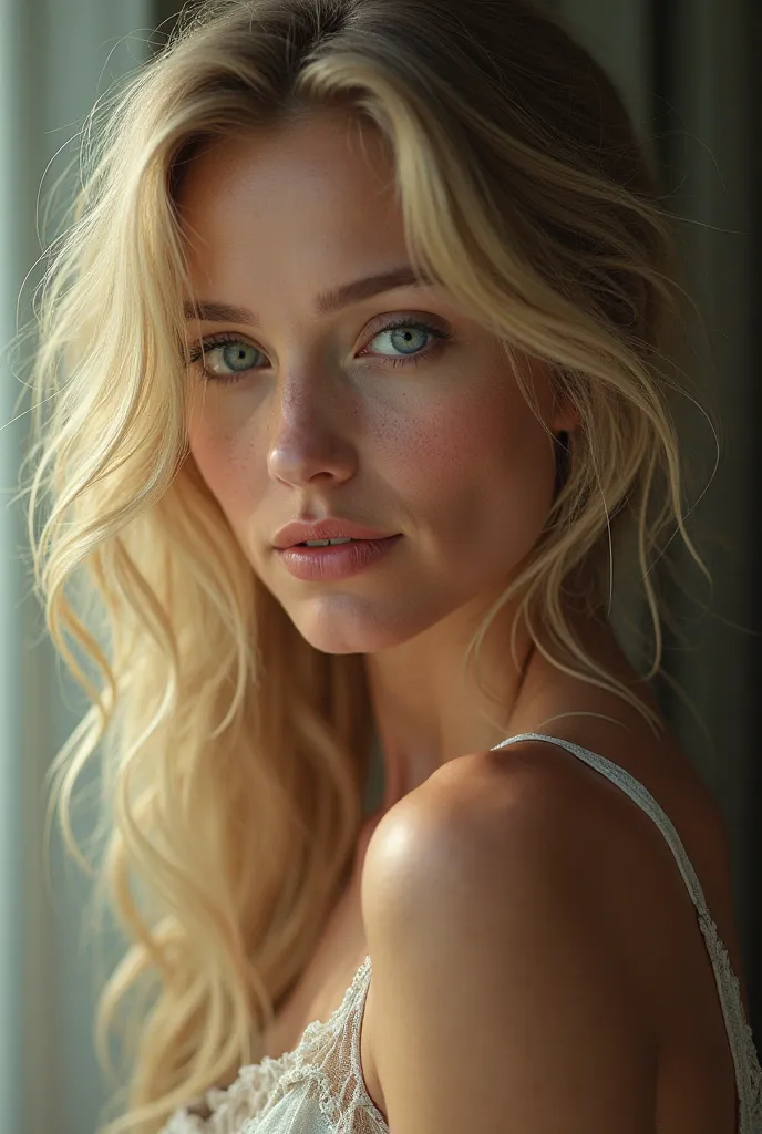 Create a woman with long blond hair, blue-green eyes, Shy and sexy smile