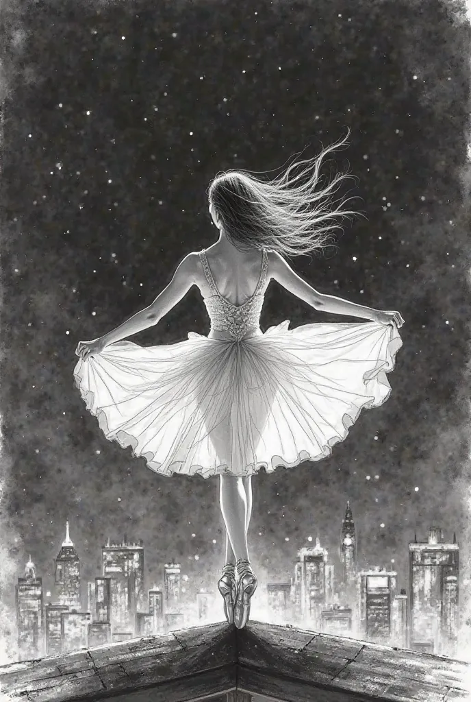 gentle lightweight beautiful ballerina dances high above the city on the edge of the roof, light tulle skirt undresses, long hair fluttering, Night, wind, Background - night city, sketch, black and white liner pattern, airiness