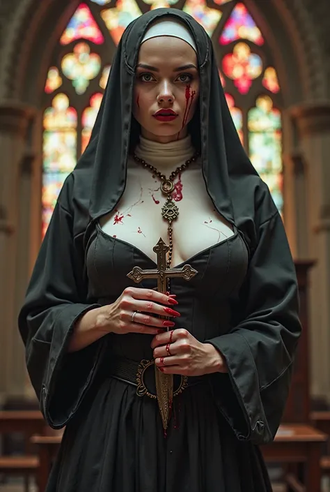 Create a nun in a skirt, And a sexy bodice, Dirty 
Of blood,  neckline and large breasts ,with a rosary with a sharp cross on the tip, Dripping with blood holding a church with two hands in the background with colored stained glass windows