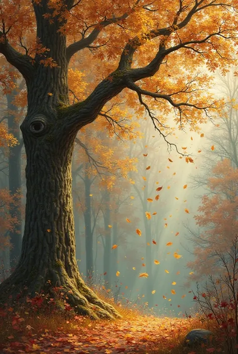 Dry leaves falling from a tree in an autumn forest, with a melancholic atmosphere."