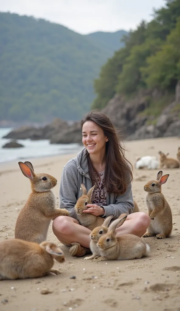 A tourist sitting on the ground on Rabbit Island, Japan, surrounded by curious and friendly rabbits. The person is smiling and gently feeding the rabbits. Some rabbits are standing on their hind legs, while others are resting nearby in a relaxed and joyful...