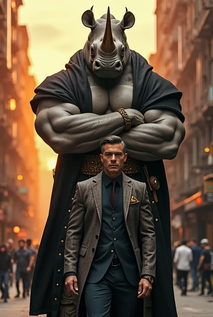 "An industrial metropolis covered by the orange tones of the sunset. Walking through the city center, a man in a graffiti suit and a luxurious dark gold watch exudes calm and confidence. Behind him, a colossus of muscles and brutality wears a black overcoa...