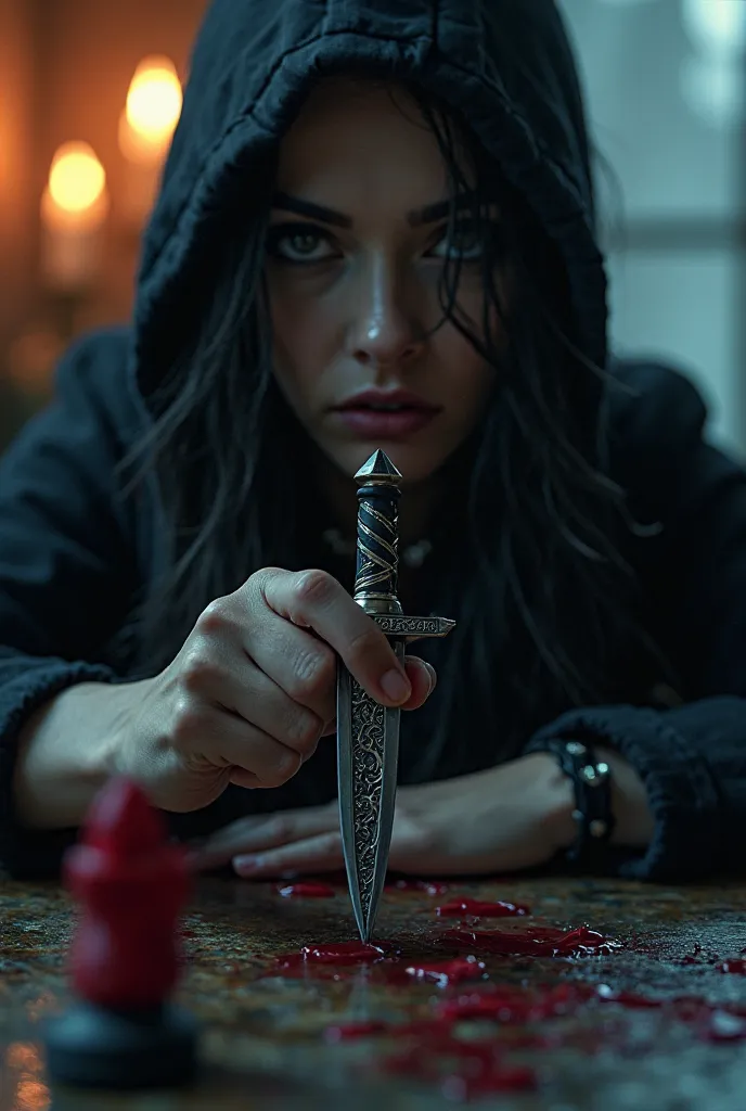 Create a dark romance stalker book cover with the book name being "DARK HUNT" using fire, rose, gun, dagger and chess