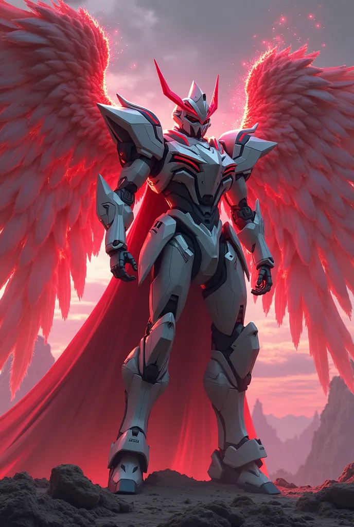 Sci-fi Knight Gundam Lucifer that has crimson cosmic energy wings and cape