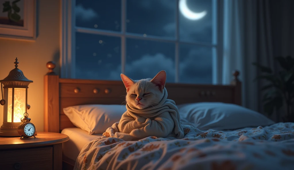 "A cozy bedroom at night, softly illuminated by a dim bedside lamp. A Muslim mother cat, wearing a hijab and a modest nightdress, is sitting up in bed, holding a warm blanket around her as she wakes up. Her eyes are slightly drowsy, and her ears perk up ge...