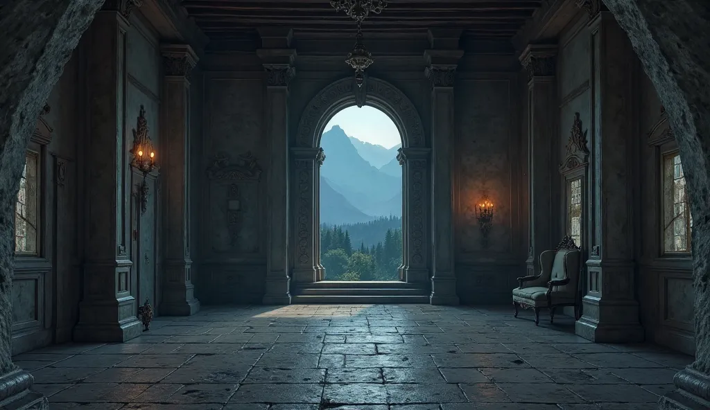 huge room in an old country house, behind a small window, forests, mountains and darkness, night
