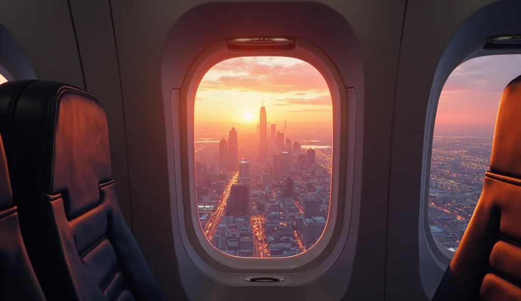 Create an image of the view from an airplane cabin from the first-person perspective, looking out the window. The interior of the plane is sleek and modern, with comfortable seats and overhead lights softly glowing. Outside the window, there is a breathtak...