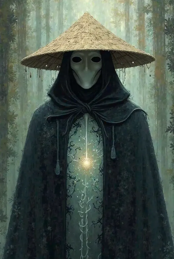 Creeto style character wearing straw hat with white mask covering face with ghostly chest