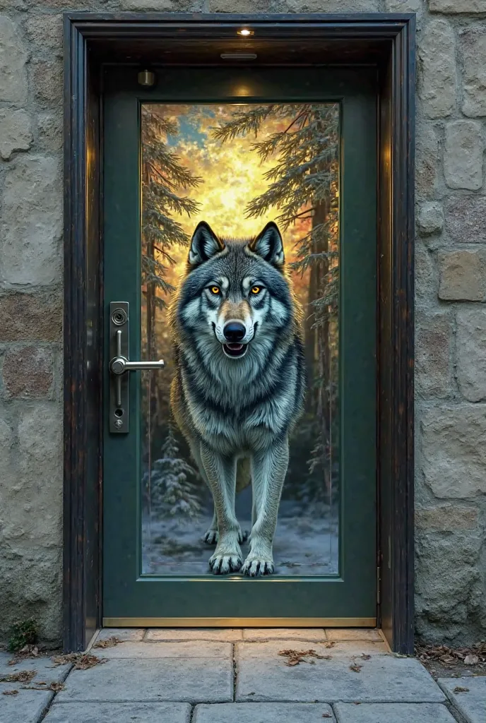 Neón sign If possible, integrate a visual effect that suggests movement or openness, as if the wolf were emerging from the automatic doors, symbolizing the perfect union between nature and technology. with words: about wolf doors